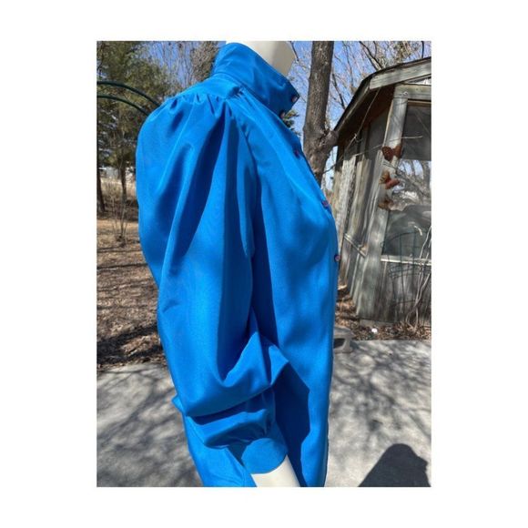 Vintage | 70s Electric Blue Blouse Statement Balloon Sleeve Secretary Office - Picture 5 of 12